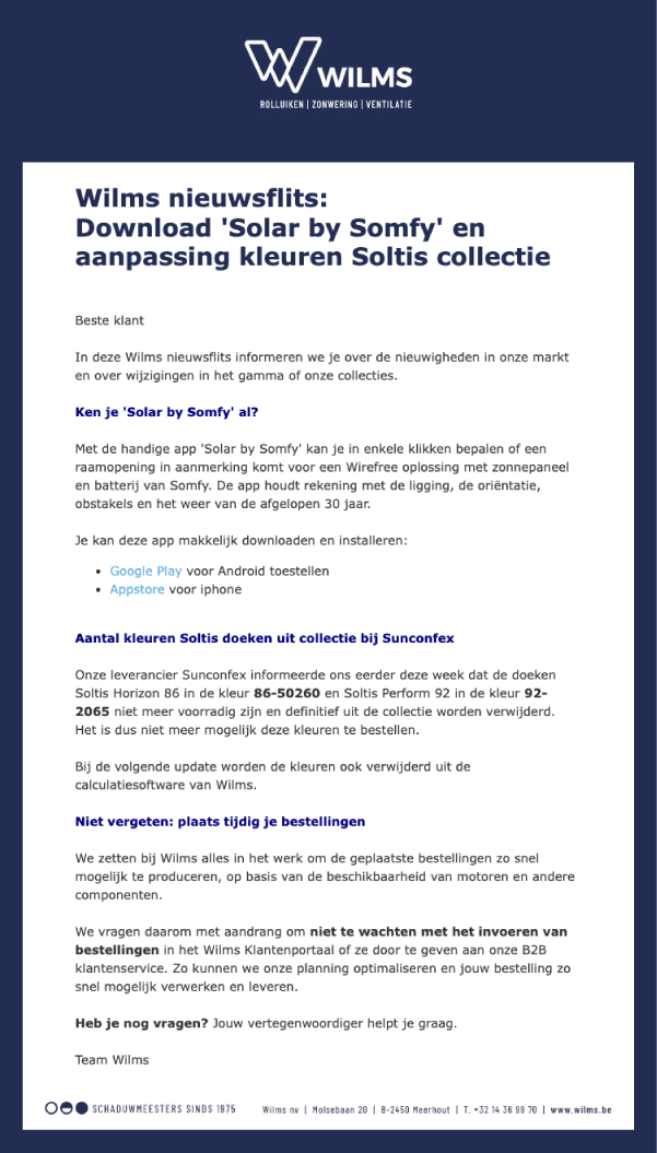 Wilms nieuwsflits – Producten Wilms nieuwsflits – Producten